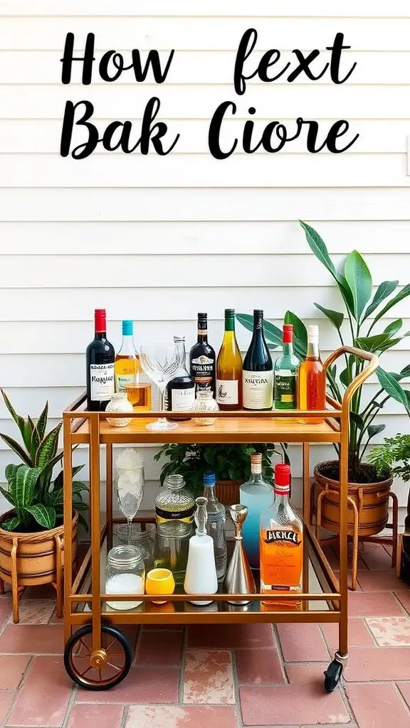 A bar cart setup with various bottles and glasses, surrounded by potted plants on a patio.