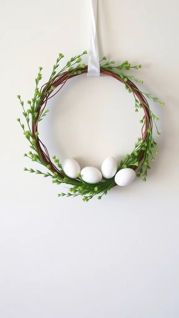 A simple wreath made of greenery and white eggs, perfect for Easter.