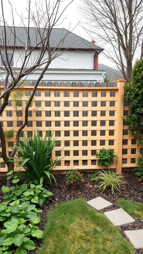 27 Creative and Affordable DIY Fence Ideas for Your Yard 27 A simple lattice panel fence in a garden setting, surrounded by greenery and flowers.