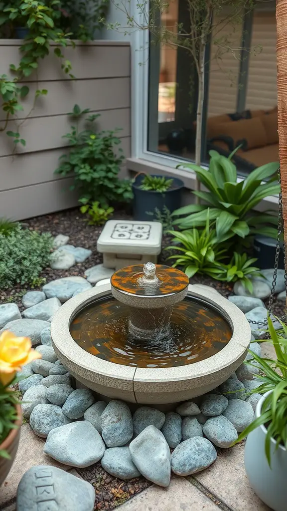 A small circular fountain surrounded by smooth stones and plants, creating a peaceful outdoor atmosphere.