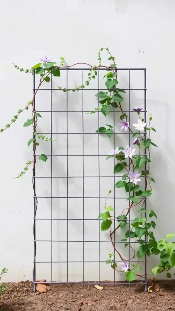21 Stunning Clematis Trellis Ideas for Your Garden 12 A simple wire trellis with clematis flowers climbing on it against a plain wall.