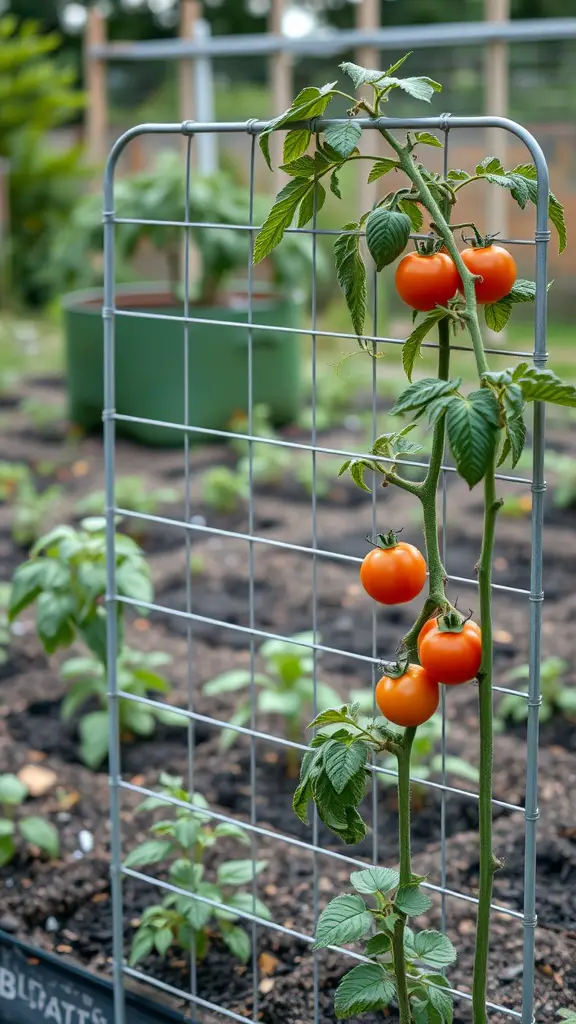27 Creative DIY Garden Trellis Ideas for Your Outdoor Space 23 A simple wire trellis with a tomato plant bearing ripe fruit in a garden.