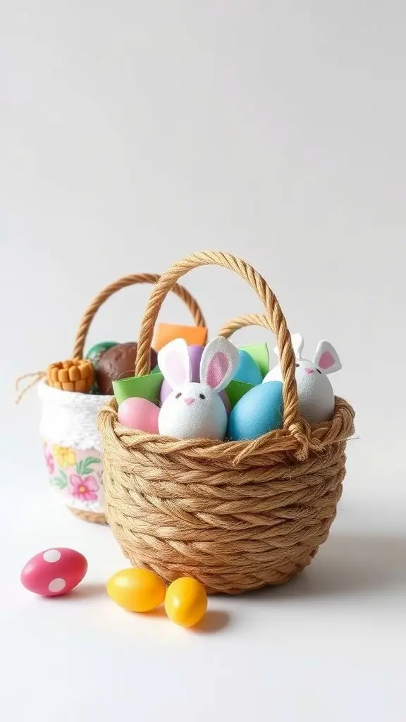 A decorative sisal rope basket filled with pastel-colored eggs and a smaller fabric basket beside it.