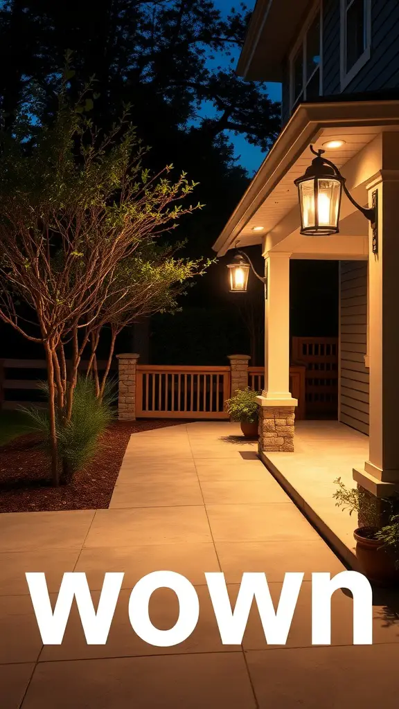 Outdoor patio with stylish lighting fixtures and landscaping