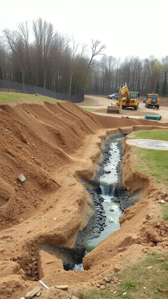 Excavated slope grading area for drainage with a visible channel flowing water, surrounded by construction vehicles.