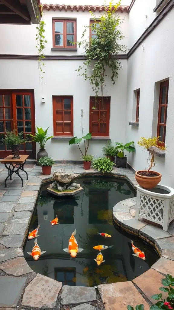 A small courtyard koi pond surrounded by plants and stone pathways