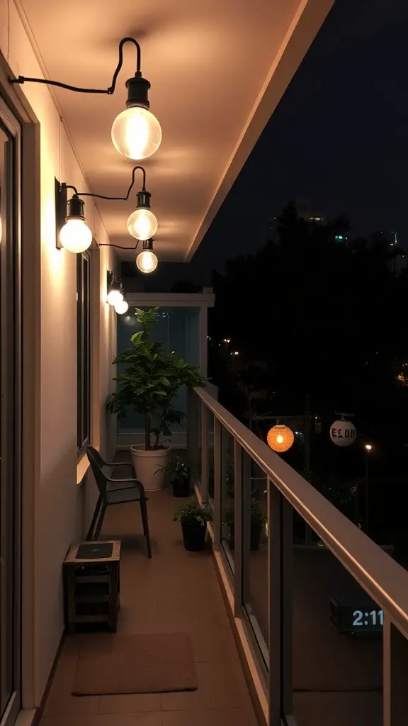 A balcony with smart lighting fixtures, showcasing a cozy and inviting atmosphere at night.