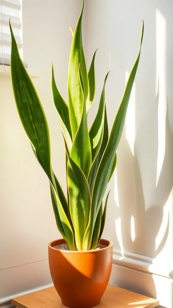 15 Indoor Corner Plants That Make Any Room Look Stylish! 10 A tall Snake Plant in a brown pot, showcasing its long green leaves in a well-lit room.
