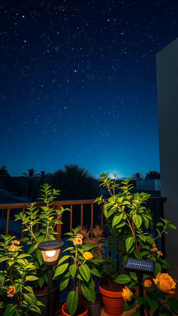 A balcony with solar-powered garden lights, surrounded by potted plants and a starry night sky.