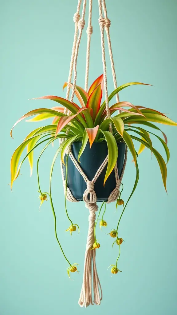 21 Low Light Indoor Plants for Cozy Spaces 9 A Spider Plant in a hanging pot with vibrant green and red leaves against a blue background.