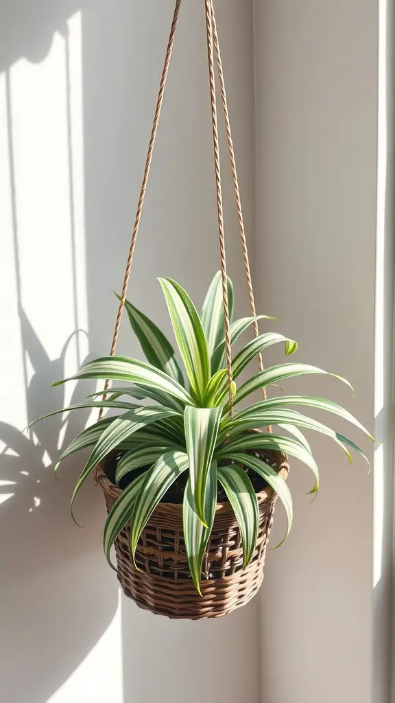 15 Indoor Corner Plants That Make Any Room Look Stylish! 9 A spider plant in a woven hanging basket with long striped leaves