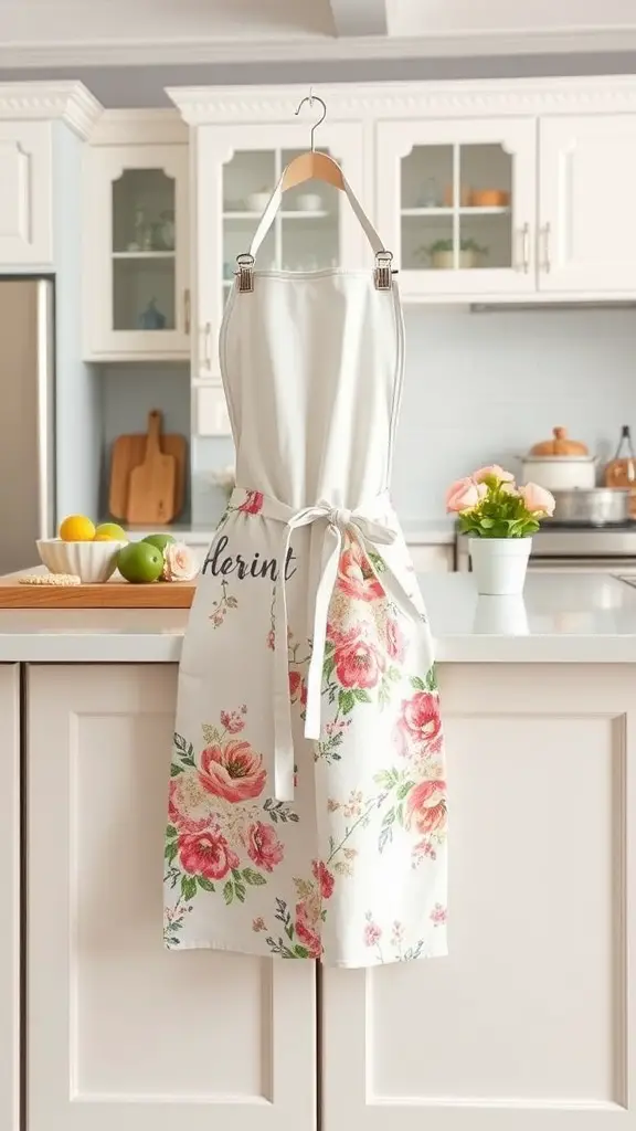 Spring-inspired floral apron and kitchen towels hanging in a bright kitchen