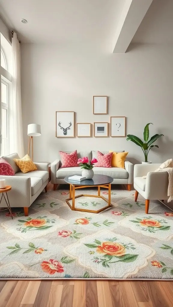 A cozy living room featuring a spring-inspired area rug with floral patterns, light sofas, and colorful cushions.