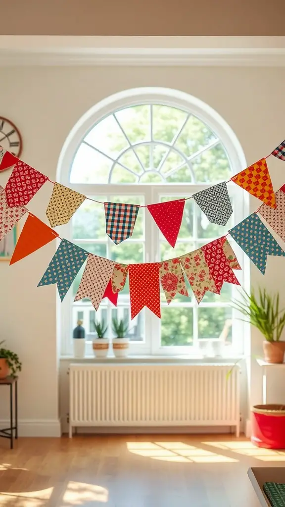 Colorful spring-themed bunting hanging across a sunny room