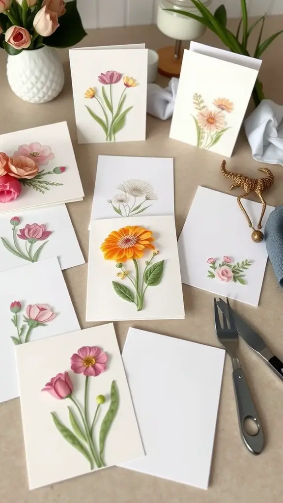 A collection of spring-themed greeting cards with flower designs on a table.