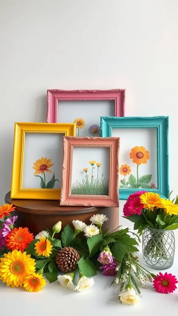 Colorful spring-themed picture frames with floral designs surrounded by faux flowers.