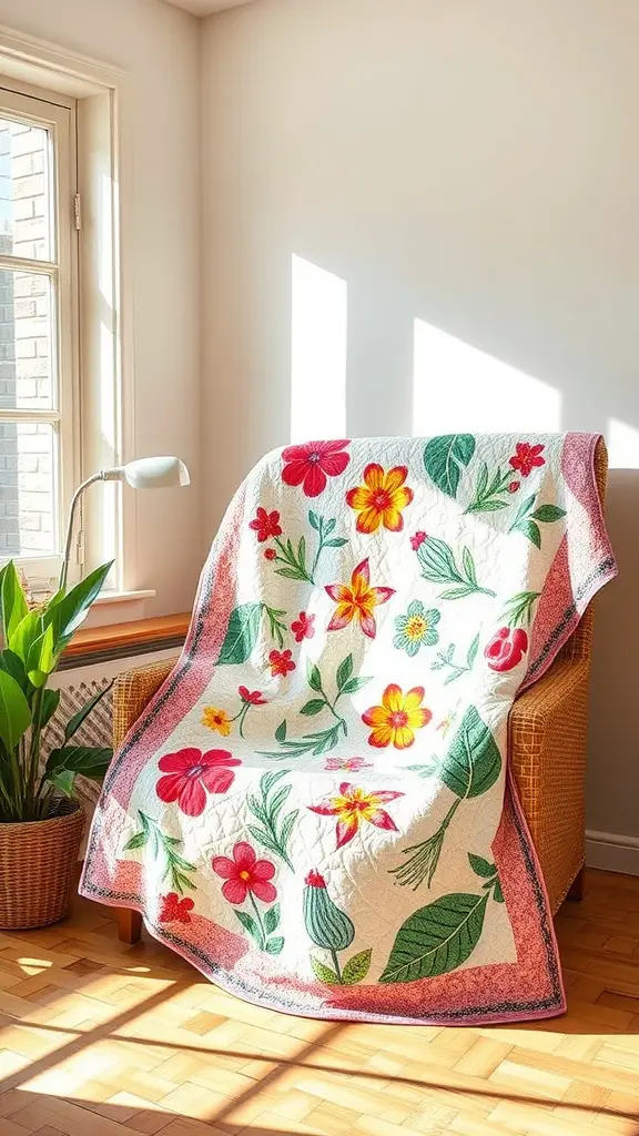 A colorful spring-themed quilt on a chair, featuring bright flowers and leaves.