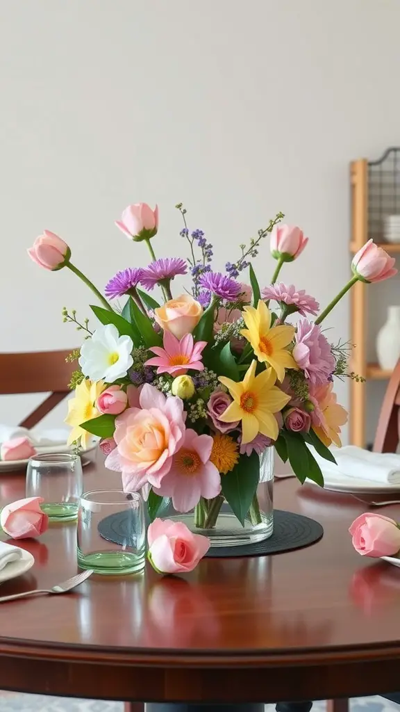 A colorful spring table centerpiece featuring pink tulips, yellow lilies, and other flowers, set on a wooden table.