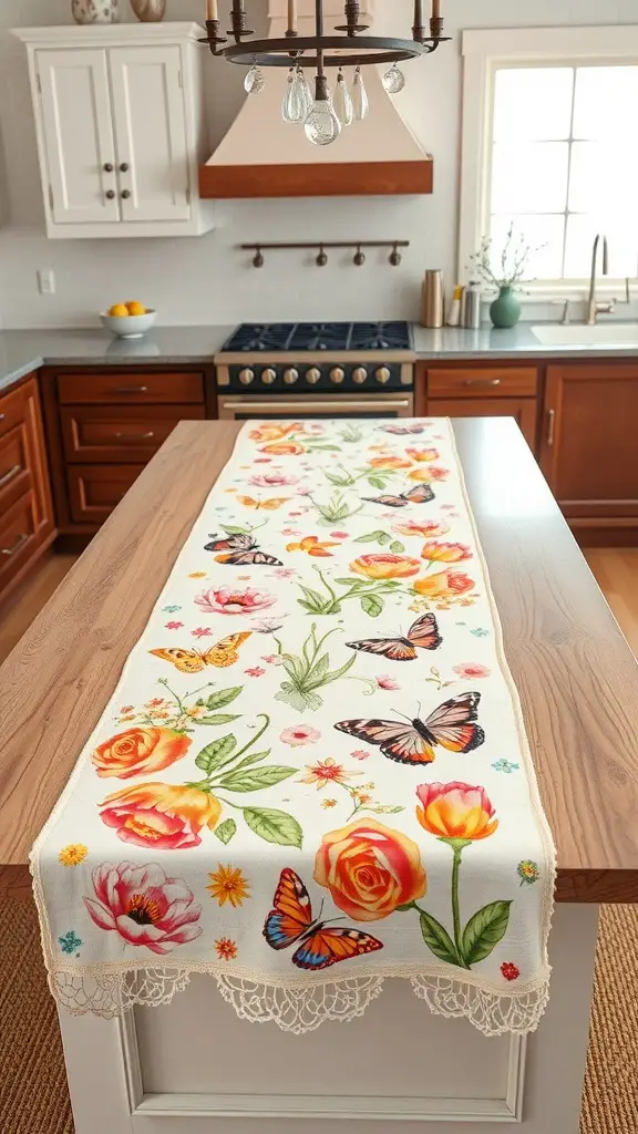 A beautifully decorated kitchen island with a floral table runner featuring roses and butterflies.