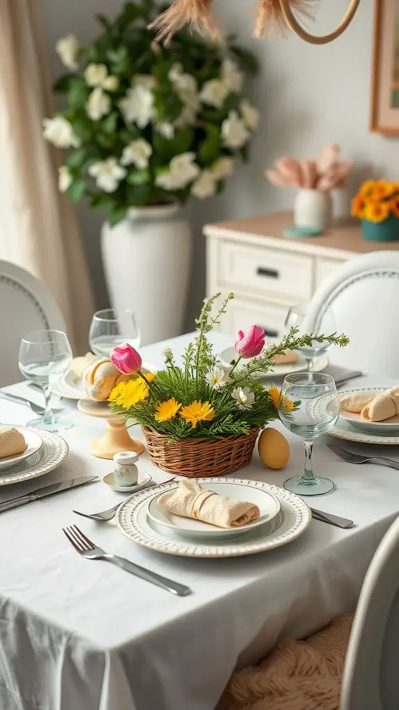 A spring-themed table setting with a wicker basket of flowers, elegant plates, and decorative eggs.