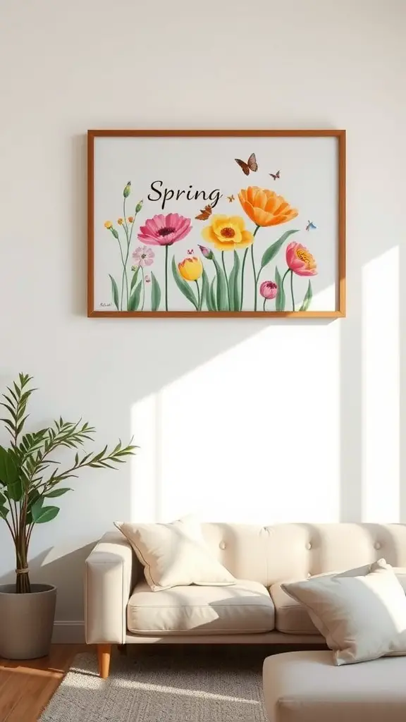 Spring-themed wall art featuring flowers and butterflies in a cozy living room setting