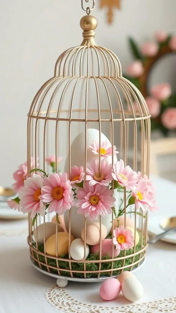 A spring birdcage centerpiece with pink flowers and pastel Easter eggs.