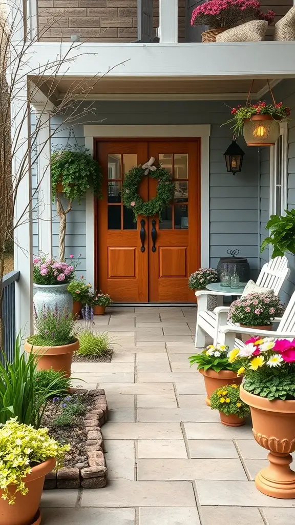 A charming porch with wooden doors, vibrant potted flowers, and a welcoming wreath for spring decor.