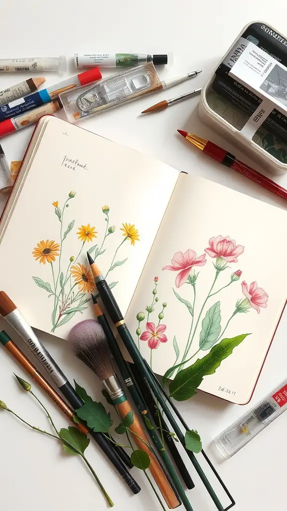 An assortment of art supplies and a nature journal with flower illustrations.