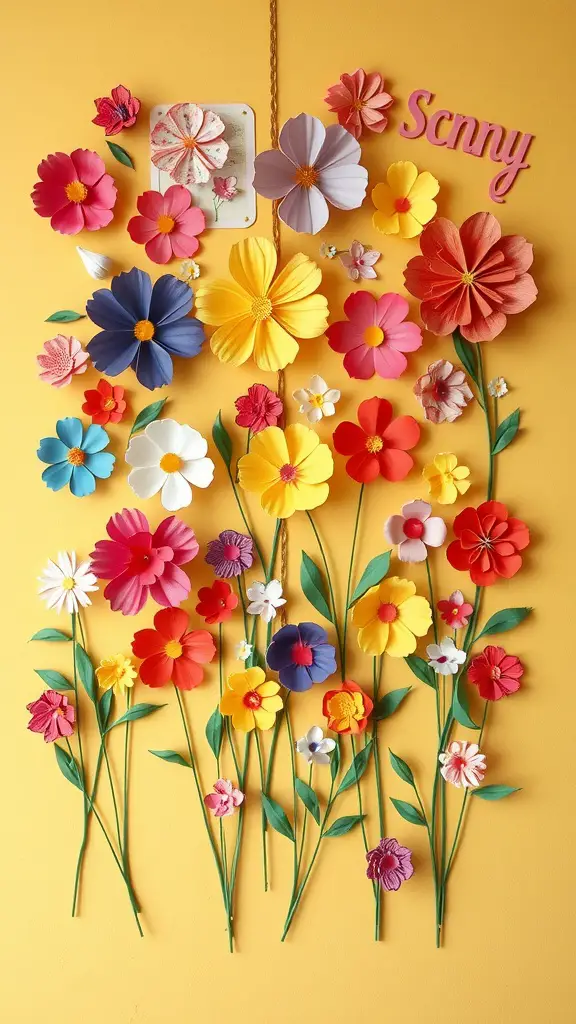 Colorful paper flowers on a yellow wall, arranged with the word 'Sunny'