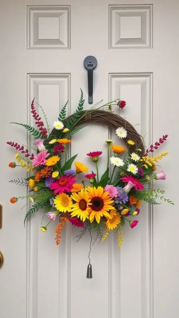 A vibrant spring wreath made with wildflowers hanging on a door.