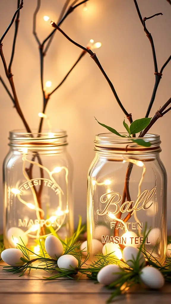 Mason jars with lights and branches, surrounded by white eggs and greenery