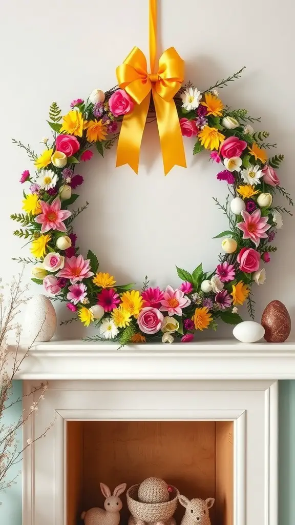 Colorful spring wreath decorated with flowers, a yellow bow, and Easter symbols like bunnies and eggs.