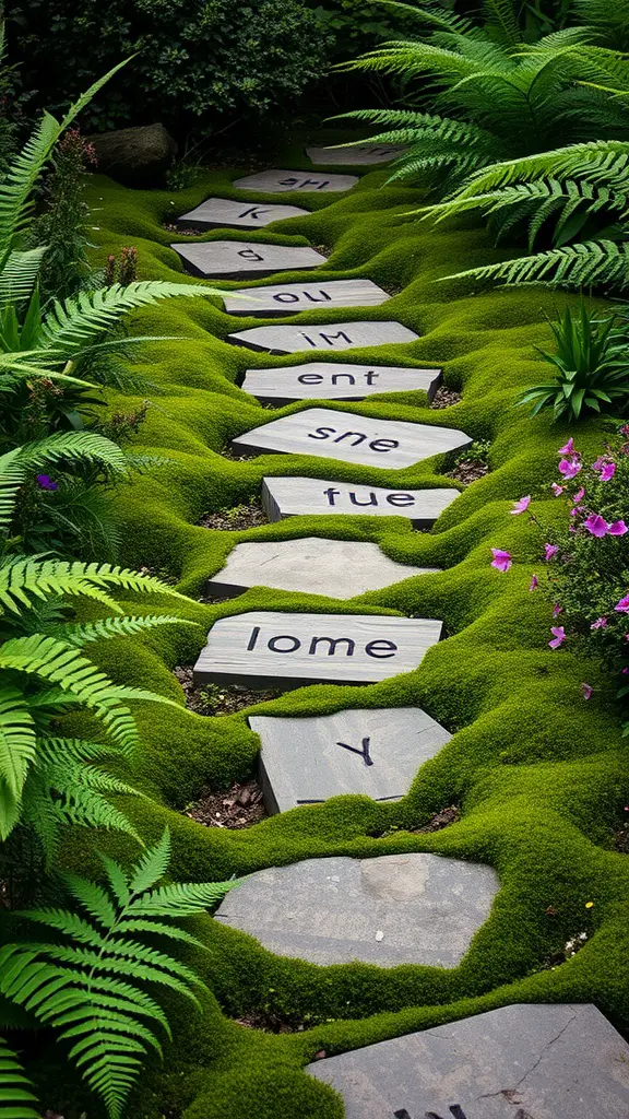 31 Creative Garden Walkway Ideas for Your Outdoor Space 7 A garden pathway with stepping stones surrounded by moss and ferns.