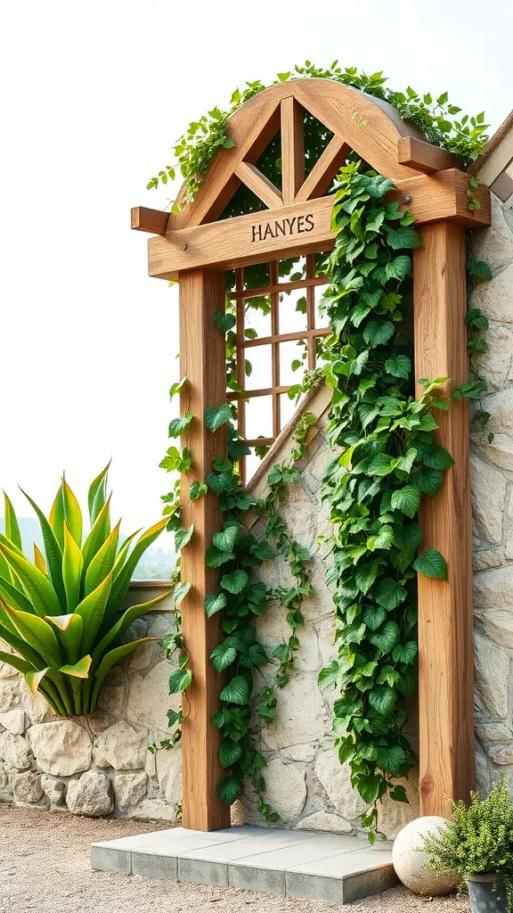 27 Creative DIY Garden Trellis Ideas for Your Outdoor Space 21 A wooden trellis adorned with green vines next to a stone wall in a garden setting.