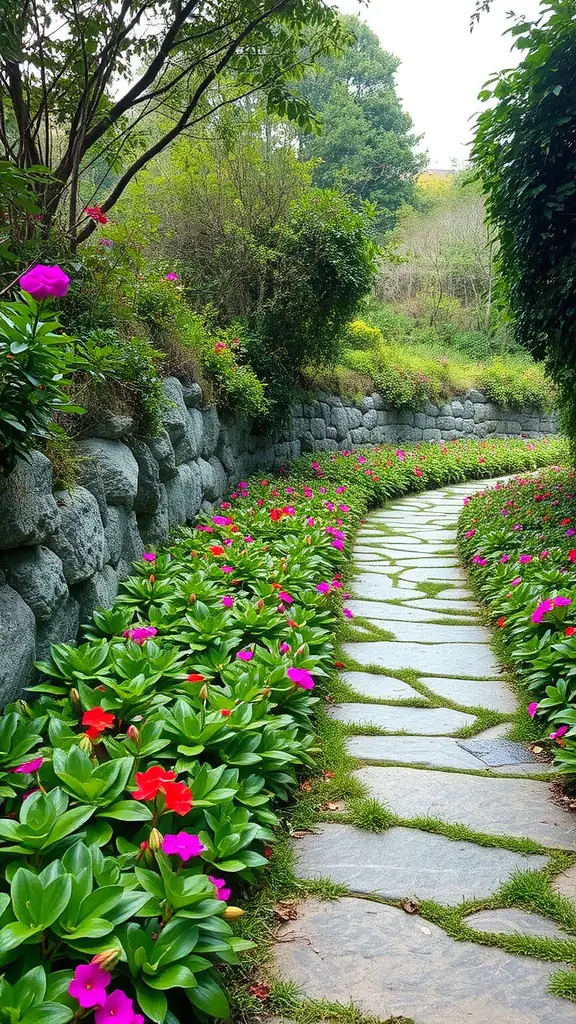 31 Creative Garden Walkway Ideas for Your Outdoor Space 16 A winding stone pathway bordered by colorful ground cover plants.