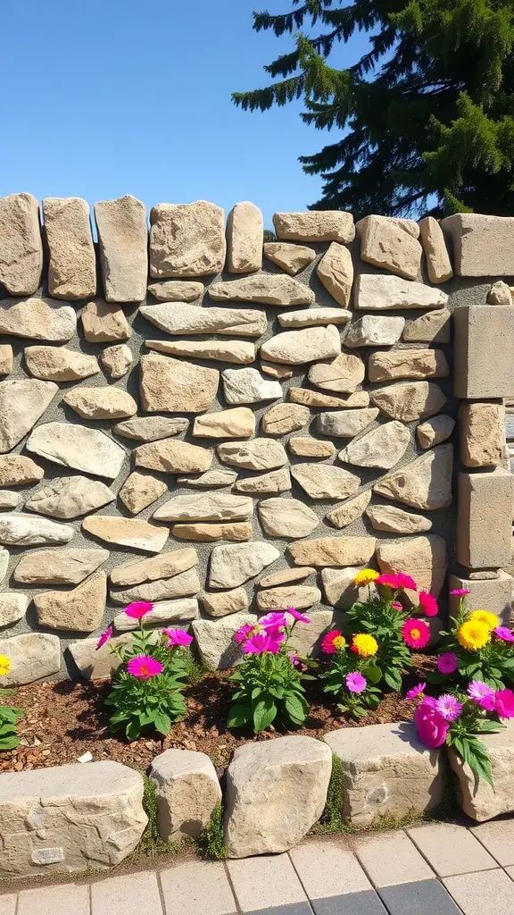 27 Creative and Affordable DIY Fence Ideas for Your Yard 13 A stone wall with colorful flowers in front, creating a beautiful garden bed.