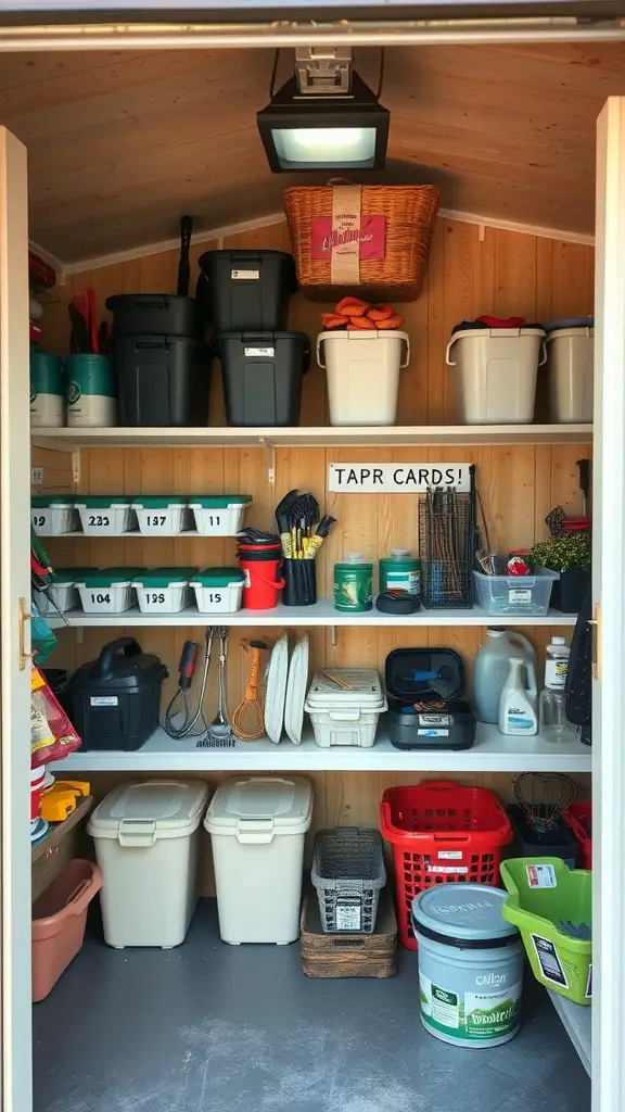37 Creative Backyard Shed Ideas for Every Style 18 Organized storage shed with shelves filled with containers and tools.