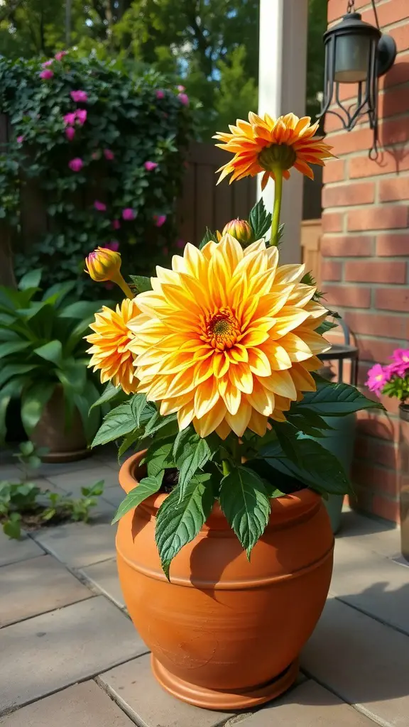 27 Stunning Potted Flowers Perfect for Your Patio 20 A vibrant dahlia in an orange pot, surrounded by green foliage and pink flowers in the background