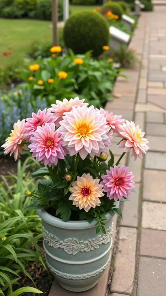 25 Beautiful Flowers Perfect for Container Gardening 11 A vibrant display of dahlias in a decorative pot with pink and peach blooms.