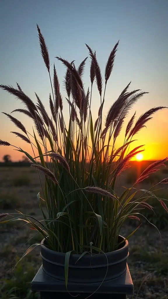 25 Beautiful Flowers Perfect for Container Gardening 26 Tall ornamental grasses in a black pot at sunset
