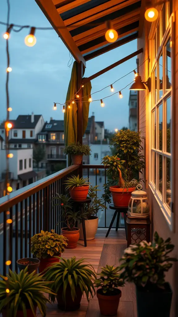 A balcony adorned with string lights, plants, and a cozy atmosphere