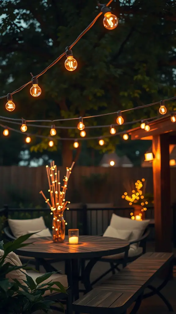 A cozy patio illuminated by string lights, featuring a wooden table with candles and decorative branches.