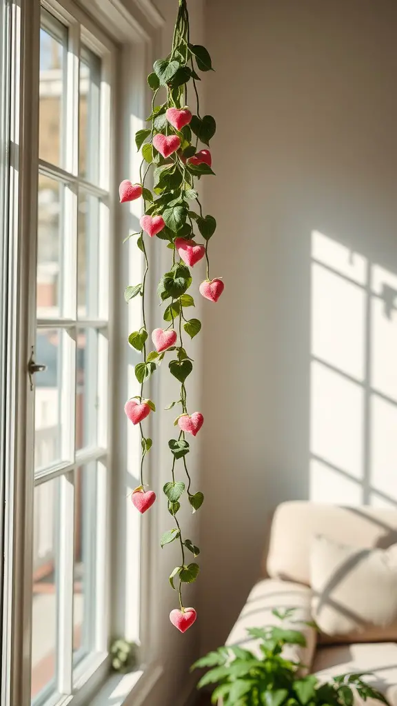 15 Stunning Hanging Plants to Beautify Your Living Room Windows 7 A String of Hearts plant with pink heart-shaped leaves hanging in front of a window in a bright living room.