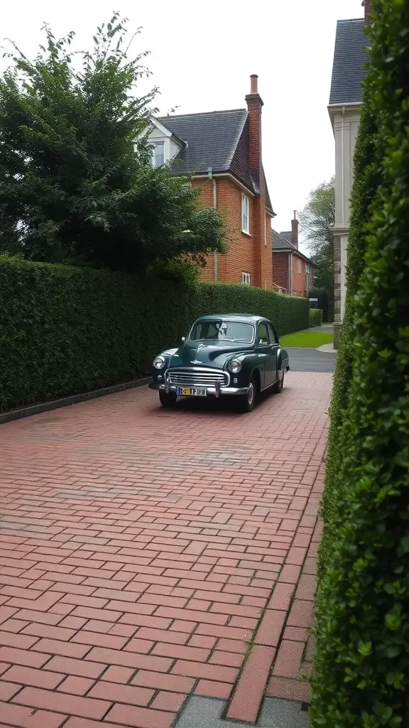19 Creative Driveway Ideas to Enhance Your Curb Appeal 7 A classic brick driveway with a vintage car surrounded by lush greenery