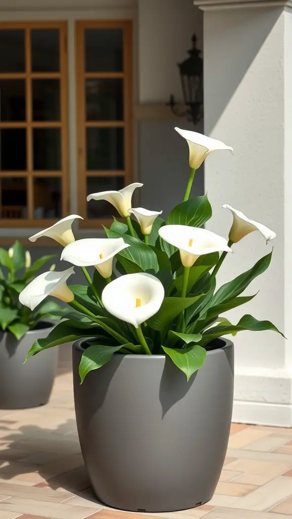 27 Stunning Potted Flowers Perfect for Your Patio 13 A close-up view of white calla lilies in a modern gray pot on a patio.