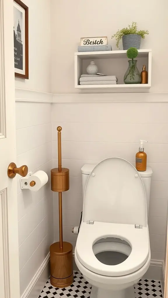 A small toilet room featuring a modern toilet, decorative shelf, and stylish toilet accessories.