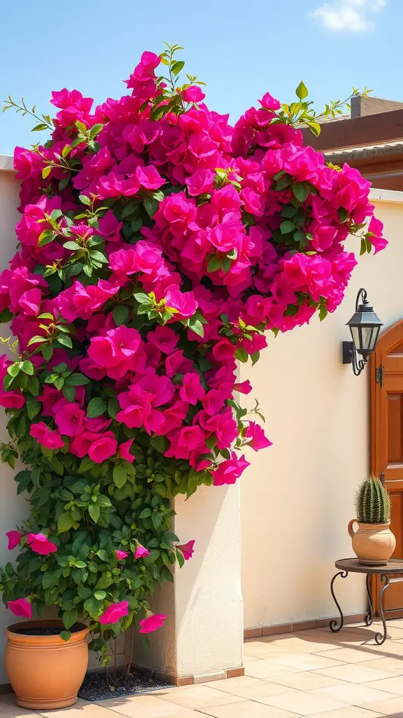 27 Stunning Potted Flowers Perfect for Your Patio 30 A vibrant bougainvillea plant with bright pink flowers climbing a wall, set against a patio with terracotta pots and a wooden door.