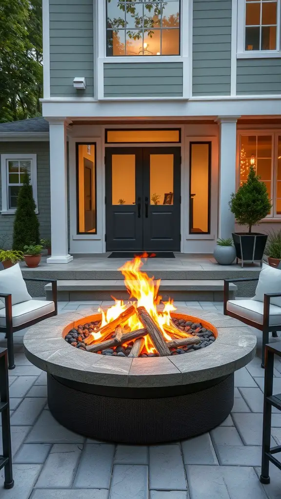 Cozy fire pit area on a front patio with white chairs and modern decor