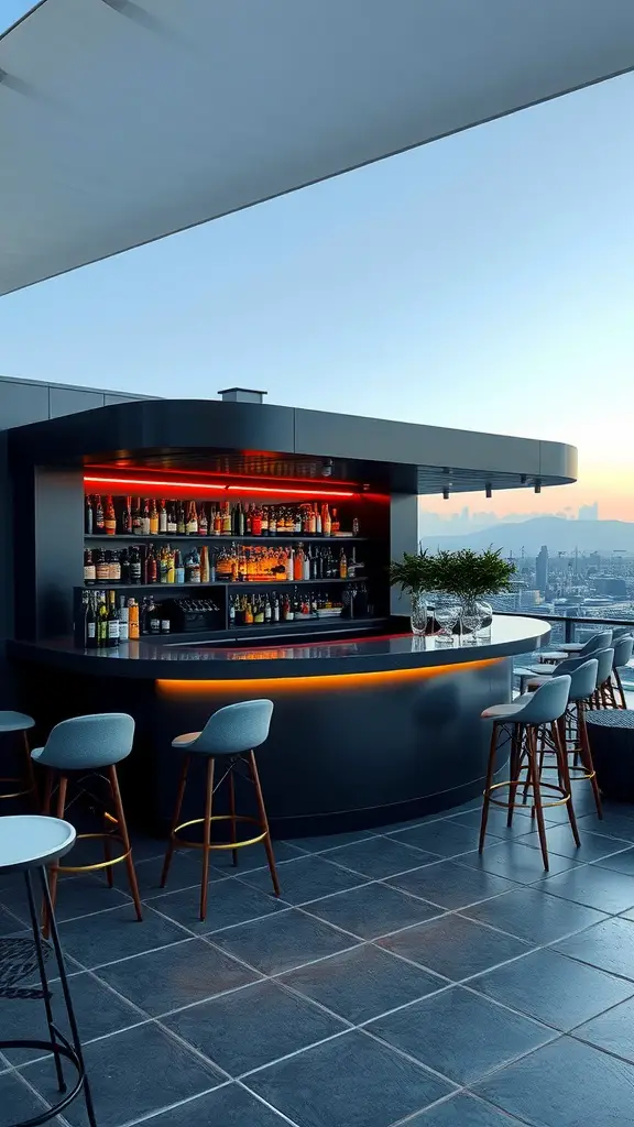 25 Stunning Outdoor Terrace Ideas to Transform Your Space 5 A stylish outdoor bar setup on a terrace with a glowing backlit shelf displaying various bottles.