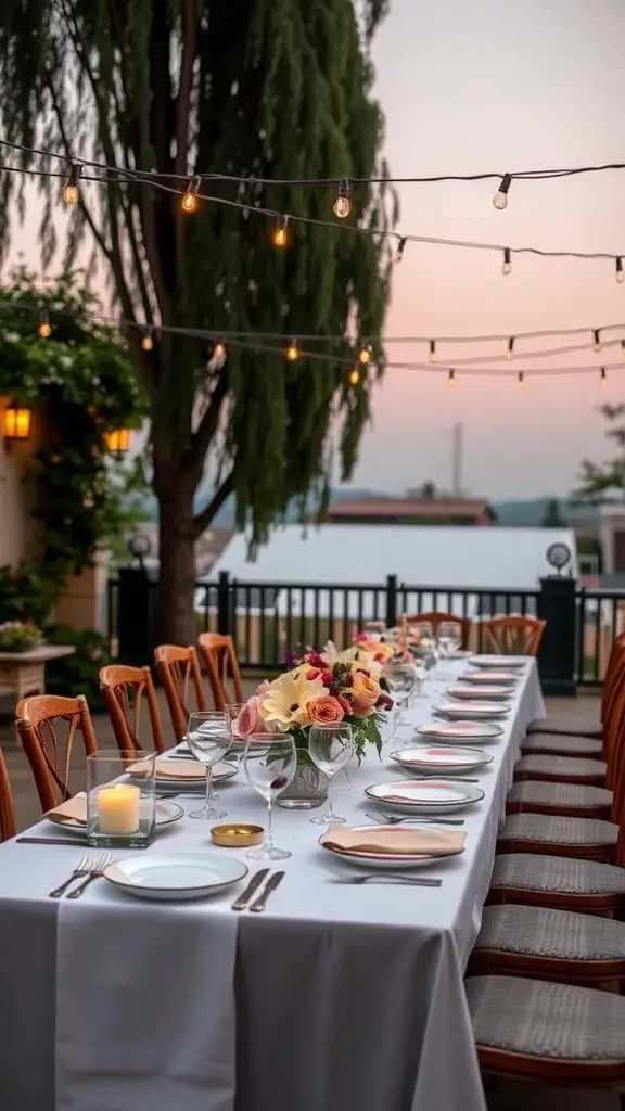 An elegant outdoor dining setup featuring a long table with flowers and string lights